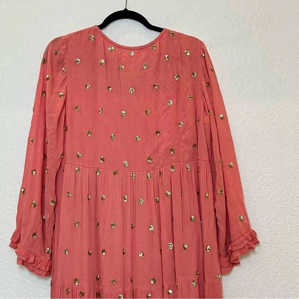 Sundress Neo Long Embellished Tiered Long Sleeve Maxi Dress in Coral size XS/S